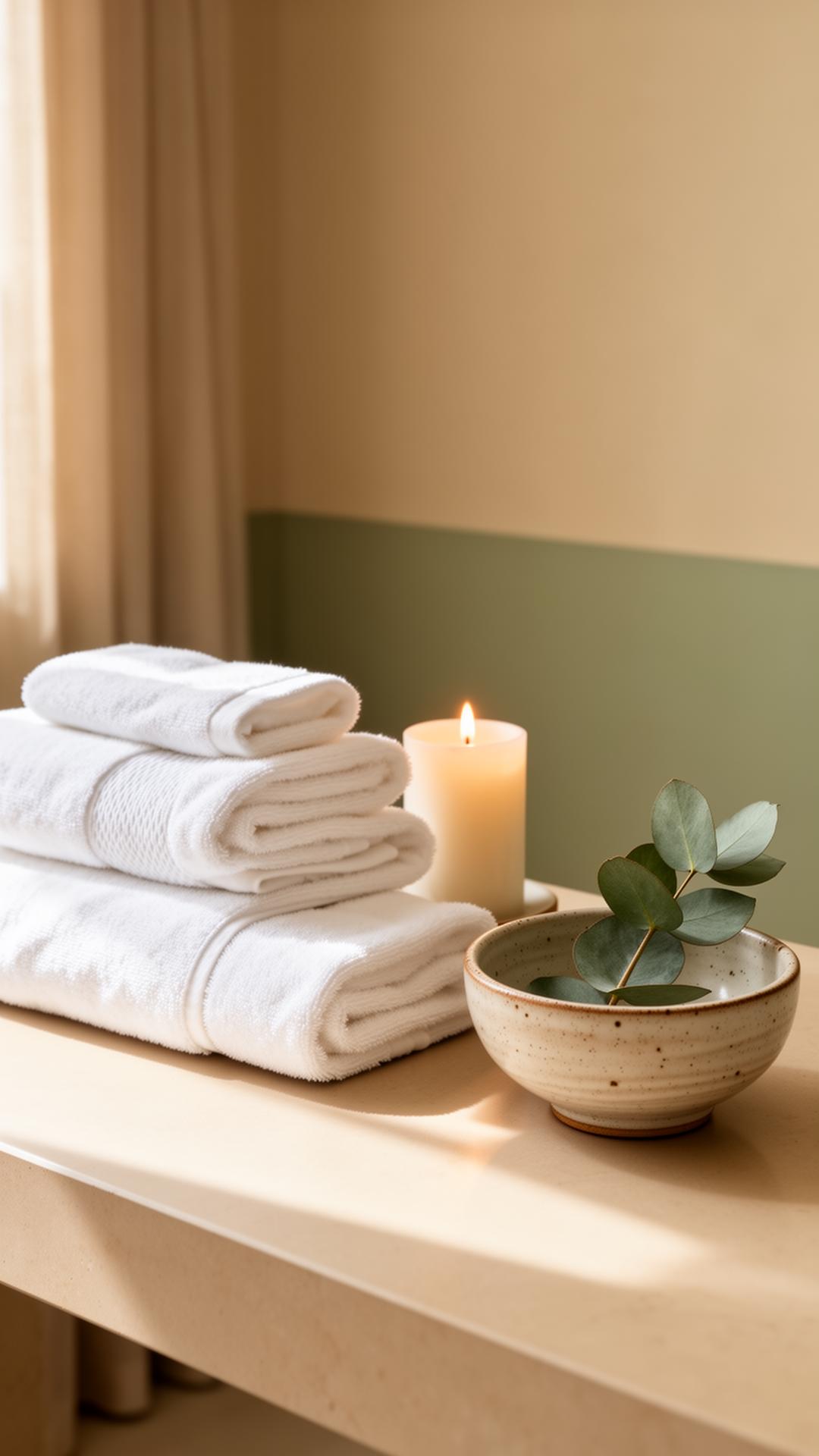 Soft towels and candle in a peaceful spa